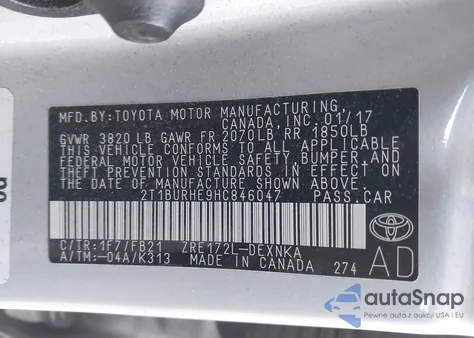 2017 Toyota Corolla Le z USA, uszkodzony, nr VIN 2T1BURHE9HC846047